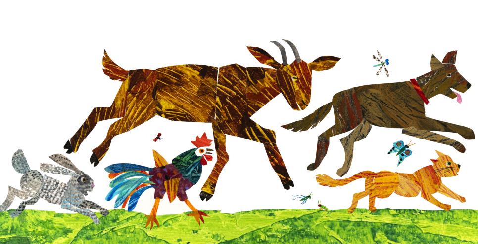 Illustration of bunny, rooster, goat, dog, and cat running through grass. 