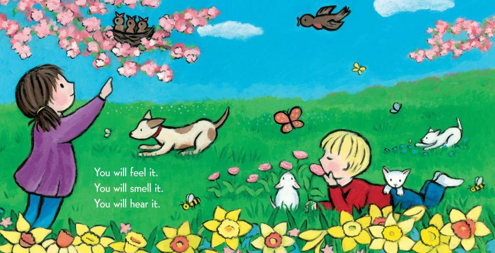 Illustration of children playing in field of flowers.