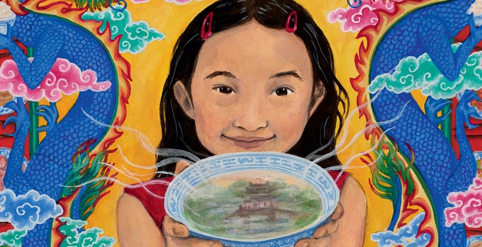cover illustration for Chinese Menu, by Grace Lin, showing a girl smiling and holding a bowl of food.