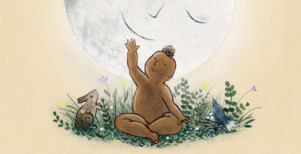 A baby sits on the grass next to a rabbit, and is pointing up to a smiling moon.