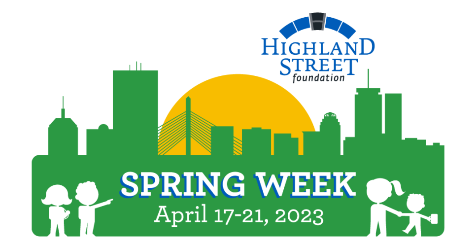 Highland Street Foundation Spring Week logo, with graphic of family walking around a cit
