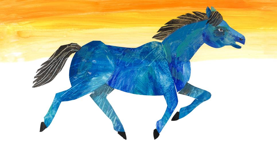 Illustration of blue horse running against yellow sky. 