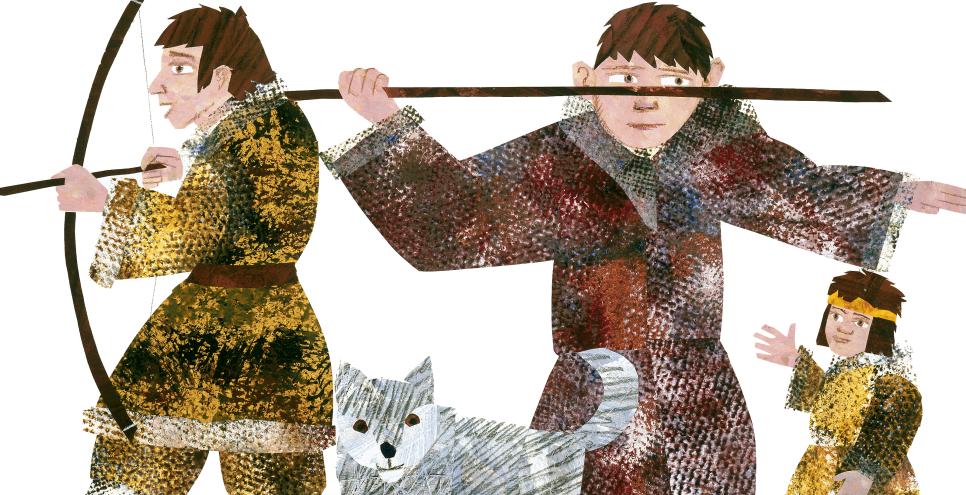Illustration of borthers with bows and arrows and white dog. 