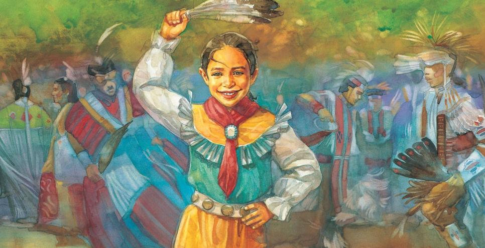 Native America girl dancing and smiling, with one hand on hip and the other raised above head holding a feather.