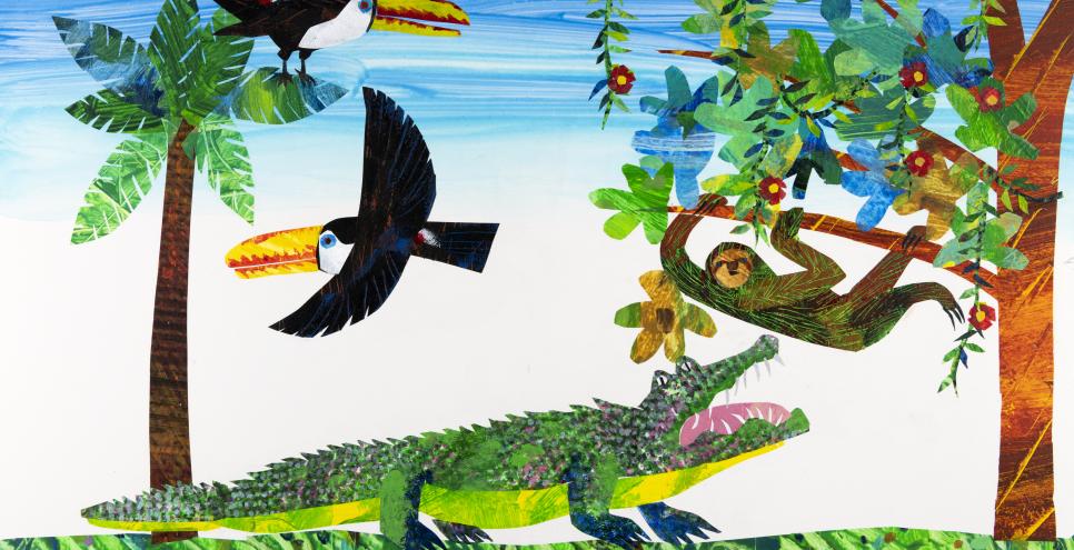 Illustration of alligator and sloth and birds. 