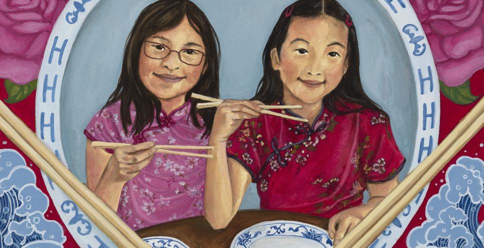 Chapter divider for Grace Lin's book, Chinese Menu, showing two girls smiling and holding chopsticks.
