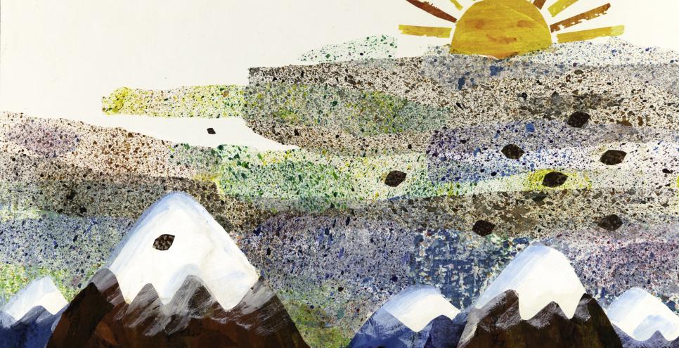 Illustration from The Tiny Seed, in which seeds float over snowy mountain peaks.