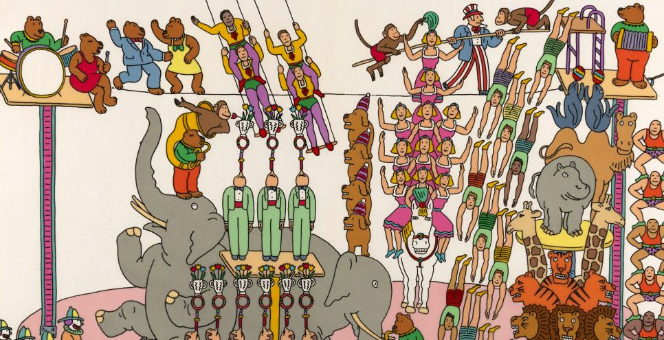 Illustration of elephant and circus performers. 