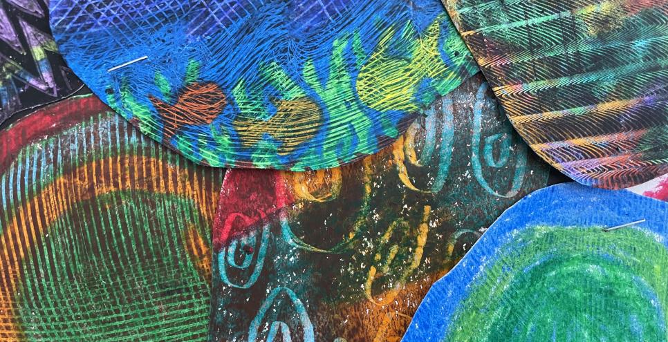 Layered drawings in crayon and oil pastel, scratches reveal a colorful surprise!