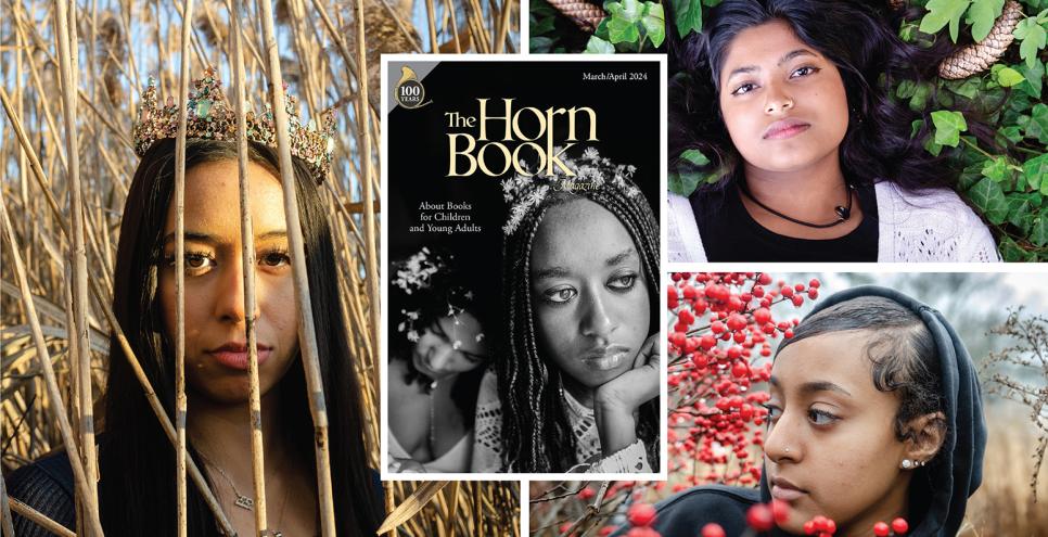 Color photos of black and brown teens, with Horn Book cover in the middle.
