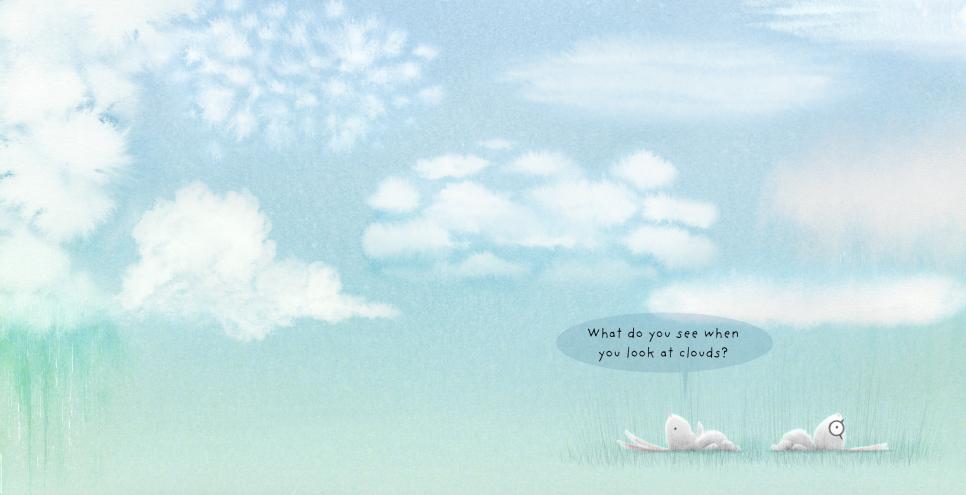 Two white rabbits lying down on the ground look up at the clouds. One rabbit says, "What do you see when you look at the clouds?"