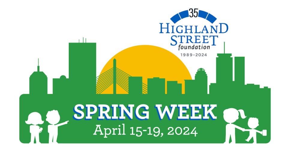 Highland Street Foundation Spring Week logo, with graphic of family walking around a city