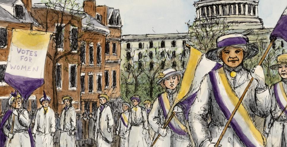 Illustration of women demonstrating with signs.