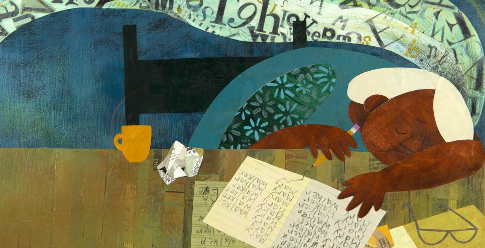 Illustration of women asleep writing at table.
