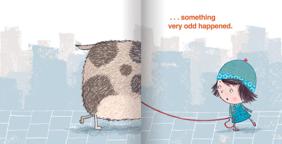 Illustration of girl walking dog.