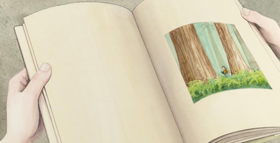 Illustration of hands holding book open to frontispiece.