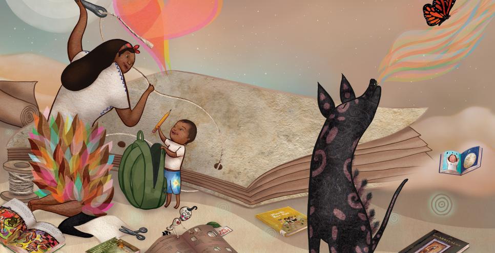 Illustration of woman and child with dog.