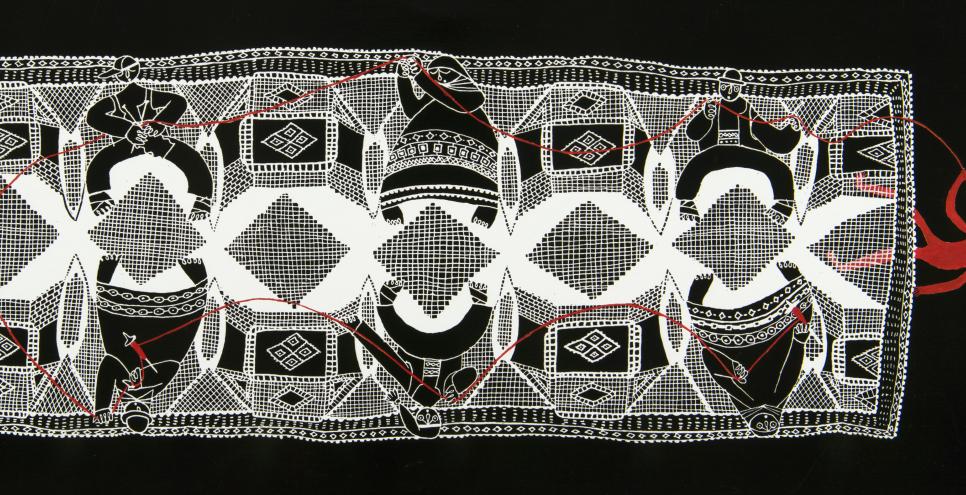 Black and white weaving with figures mixed in and figure in red pulling red thread.