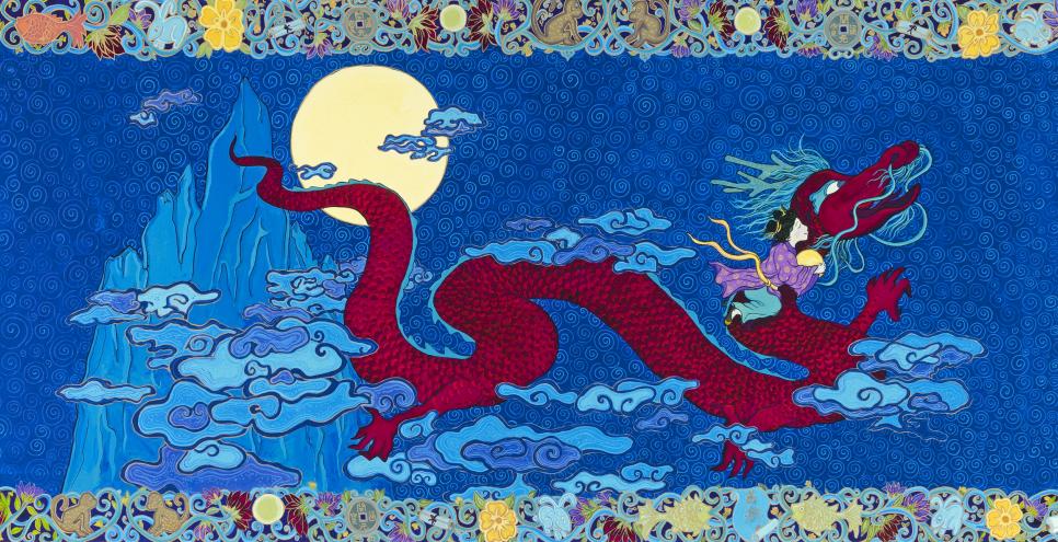 Illustration of girl riding Chinese dragon.