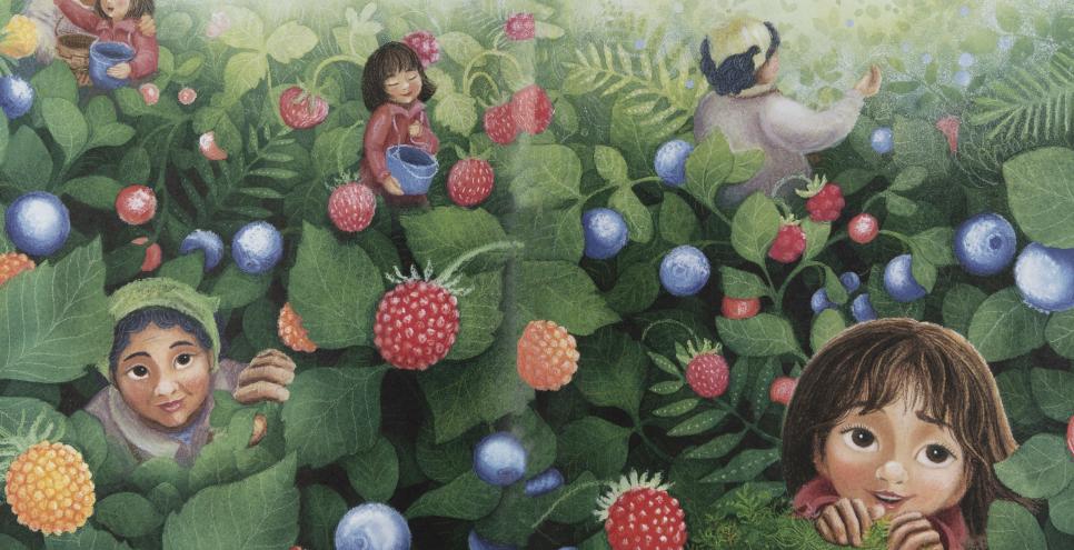 Illustration of people in raspberry patch.