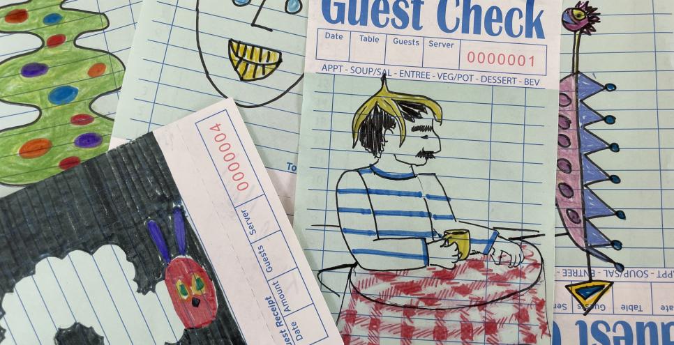Drawings and doodles on guest check paper.