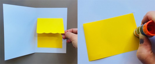 Two images: A folded piece of yellow paper glued into a blank white card and a hand gluing three sides of a yellow, rectangle paper.