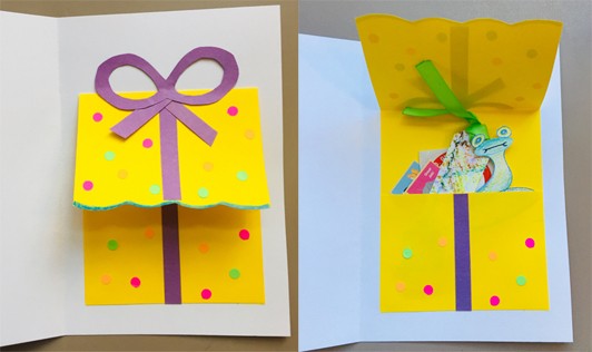 Two images: The folded yellow paper has been turned into a present box with a paper bow and polka dots made of hole punches glued to the paper. The folded yellow paper is lifted to reveal a pocket holding birthday surprises.