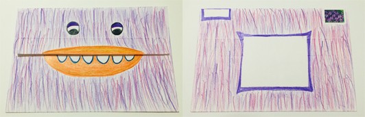 Two images: The front and back of an envelope that is colored purple and has lines drawn on it to look like fur. The face on the back of the envelope has two eyes, orange lips, and teeth.