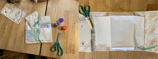 Two images: An unfolded envelope used as a template to cut out a new envelope from a map. A folded map card put inside the handmade envelope.