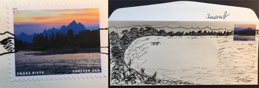 Two images: A landscape stamp with a mountain range, forest, and river. The stamp is placed in the corner of an envelope and a black marker drawing extends from the stamp with a dark forest drawing, mountain silhouette, and river.