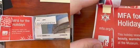 Two images: One showing two pages of a collaged book with Museum of Fine Arts and Guggenheim images and text with a snowflake lift tab. The other image shows that when the snowflake lift-flap is lifted up, a snowflake with the Red Sox logo in the middle is revealed.