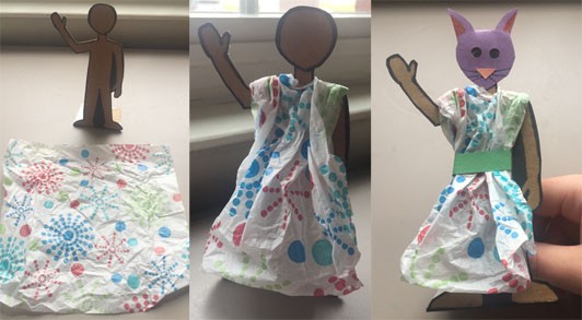 A series of three side by side images showing the process of using a tissue to create a dress of the cardboard figure, complete with green paper belt.