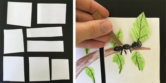Two images, one with white paper rectangles on a black background and a paper ant holding a leaf standing on a drawn tree.