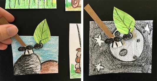 Two images of the paper ant holding a leaf and traveling on top of drawn rocks and the moon.