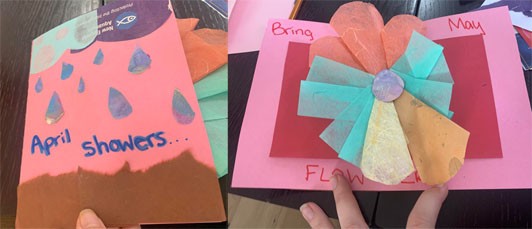 Two images of a springtime-themed card. The front of the card has collaged clouds, raindrops, and brown earth with the words “April showers...” written on the cover. The middle of the card has a large, colorful pop-up flower with the words “bring May flowers!” written on the pink card border around the red, cut-out pop-up structure.
