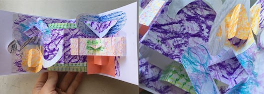 Two images showing an abstract pop-up card. The one to the left shows many different cut-out pop ups including triangles, circles, spirals, squares, and rectangles. Each cut-out has been glued into the folds of other pop-ups. The one to the right is a closer view of the spiral, oval, and beak shape.