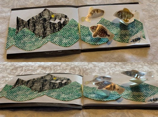 There are two images of the same book, where collaged fish are swimming and jumping out of collaged water.