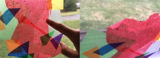 Two images: A hand pushes at the tissue paper and the tissue paper starts to peel off the window as it dries.