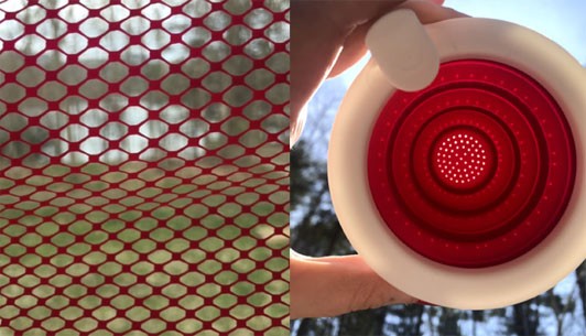 Two images: Red mesh held to the window with diamond holes between the mesh. A red and white tea strainer held to the sky with light shining through the small straining holes.