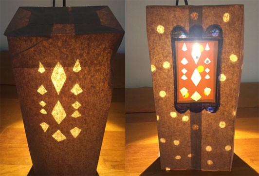 Two images: The brown paper bag seen from the other side where the diamond pattern is projected onto a different side. The window side of the brown paper bag with dots of lights projected onto it.