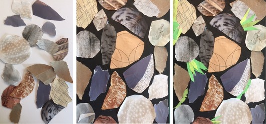 Three images: A collection of torn and cut papers that look like rocks. The rocks are arranged onto a black piece of paper to make a garden. Green paper plants are added to the garden.