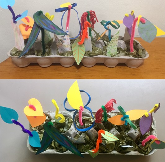 Two images of the imaginary egg carton garden, one from the side and one overhead.