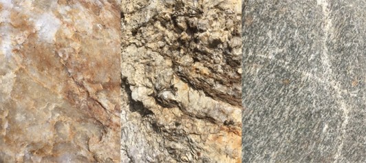 Three detailed images of different types of rock faces.