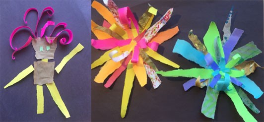 Two images: The image to the left shows a character made out of torn paper with pink curled paper for the hair, yellow paper rectangles for the arms, green paper for the eyes, and brown papers for the body and head. The image to the right shows strips of torn paper glued together at a central point so the paper curls upwards and out, reminiscent of flowers or fireworks.