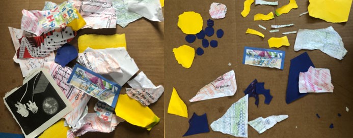Two images: The image to the left is a stack of torn paper with yellow pieces, tissue paper with colorful letters on it, a shopping list, and magazine images. The image to the right shows the papers organized by shape, with circles in the upper left corner, triangles in the lower left, rectangles in the upper right, tiny scraps in the lower right, and un-categorized shapes in between.