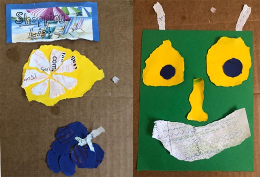 Two images: The image to the right has a scrap of paper with the title “Shopping List” and below are two collages, one of a cut lemon and one of a bunch of grapes. The image to the right has a monster made of torn papers with yellow and blue eyes, green rectangle face, long yellow nose, a large textured blue paper smile, and two ears made from the same textured paper.