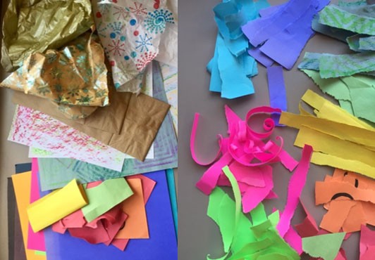 Two images: The image to the left has different papers gathered together and the image to the right shows a detail of torn pieces of paper organized by color, with the pink paper curling.