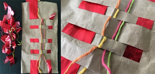 Two images: A pile of yarns and ribbons next to brown paper with yarns and ribbons woven throughout it. A close-up on the weaving.