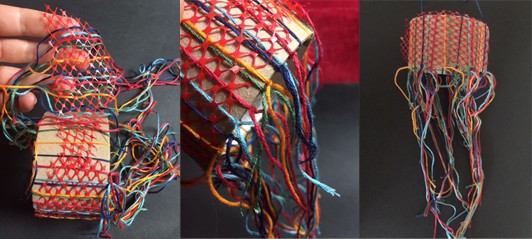 Three images of a woven sculpture where embroidery threads are threaded through a strip of orange mesh, then tied to a cardboard roll.